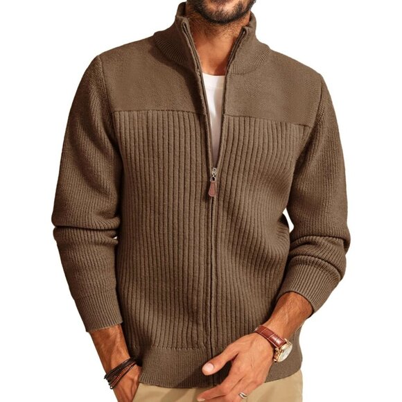Men's Coffee Zipper Cardigan - Ribbed Knit Stand Collar Sweater Large Size